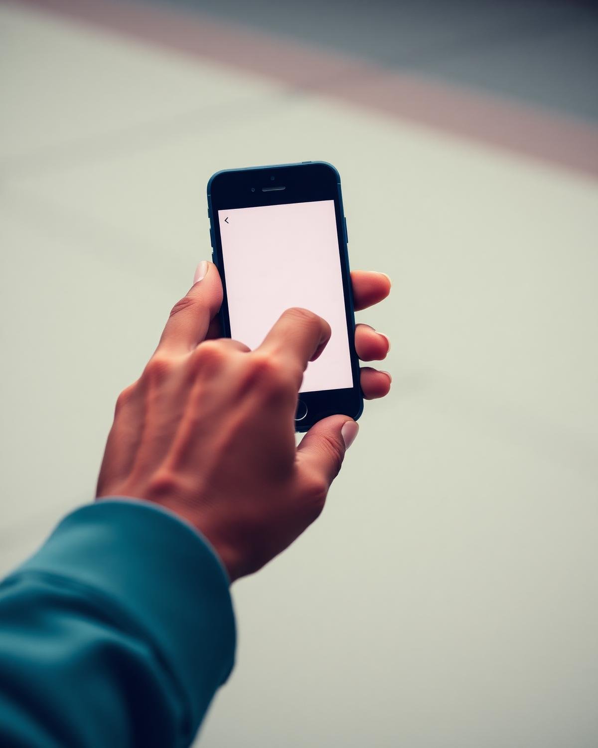 Mãos segurando um celular à distância em luz natural