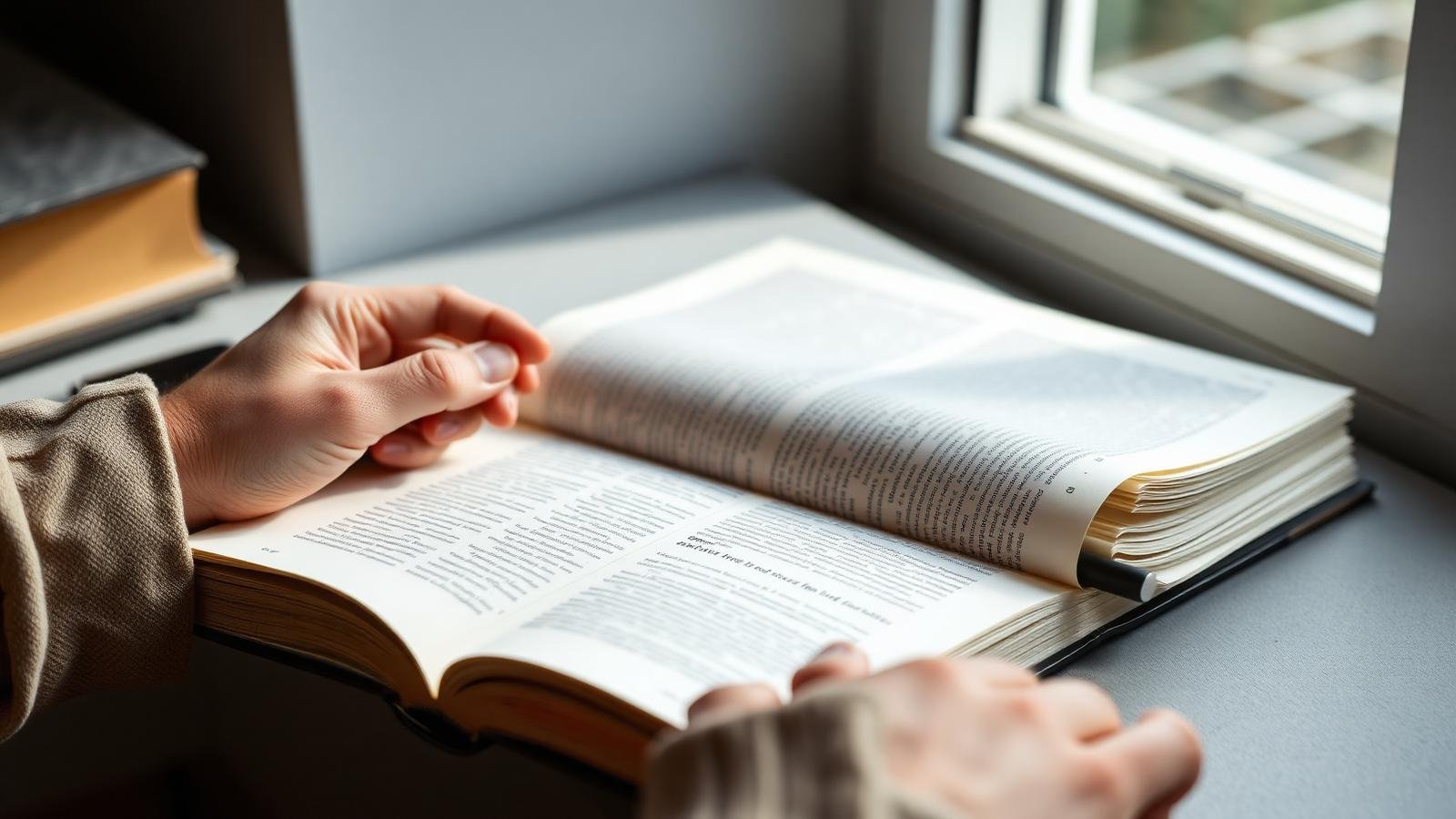 Mãos virando a página de um livro sob luz de janela