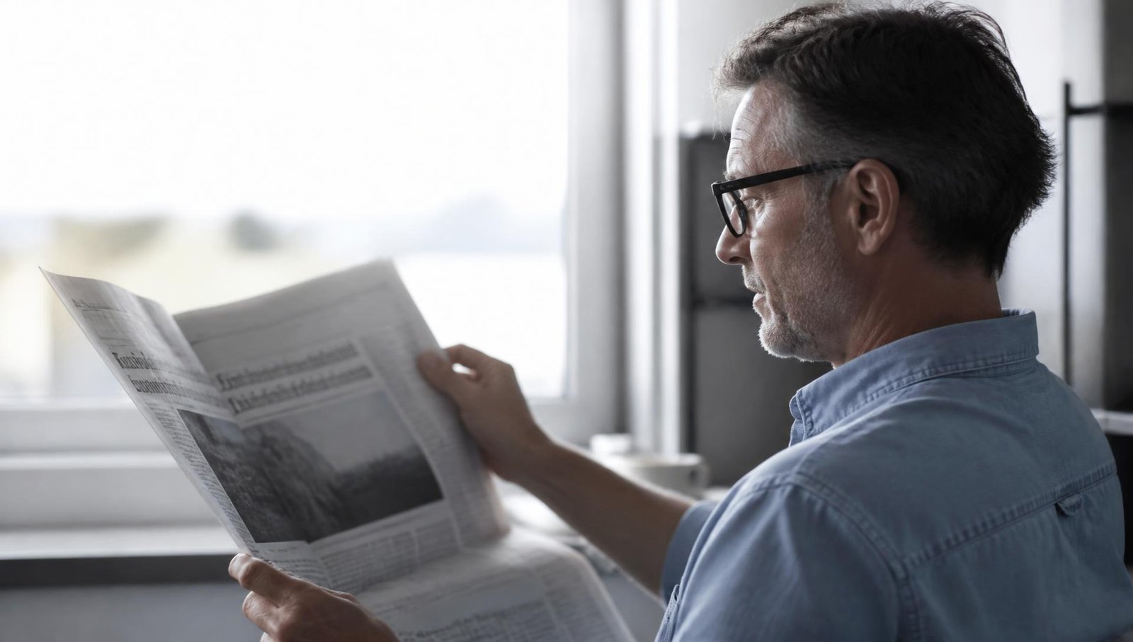 Homem adulto lendo um jornal próximo à janela, em luz natural